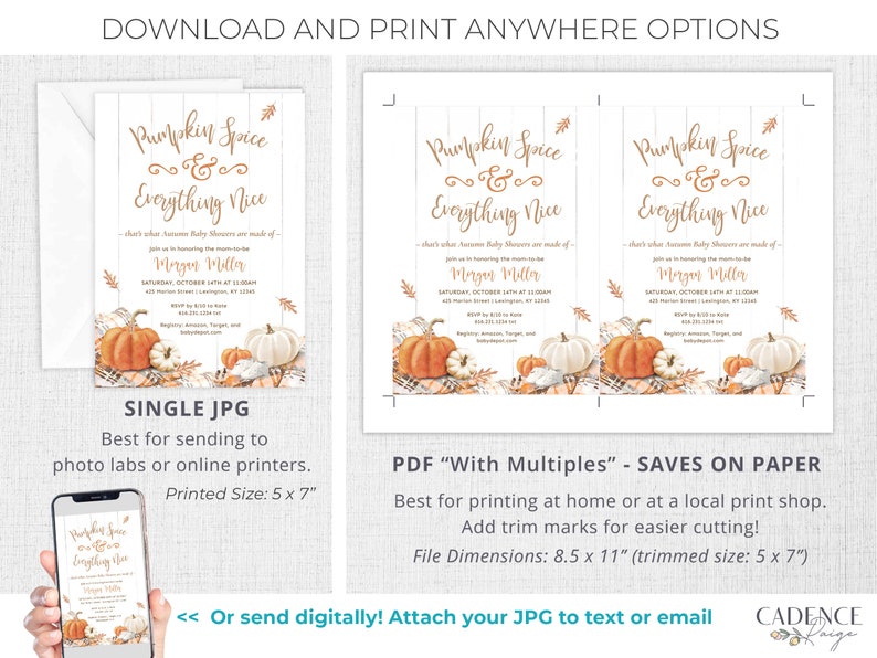 May include: Baby shower invitation with the text "Pumpkin Spice & Everything Nice" featuring watercolor pumpkins and fall foliage. The invitation is available as a single JPG or a PDF with multiples, with a printed size of 5 x 7 inches.