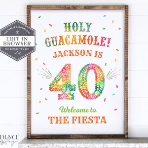 May include: A colorful printable sign with the text "Holy Guacamole! Jackson is 40. Welcome to the Fiesta". The number 40 is decorated with a colorful floral pattern.