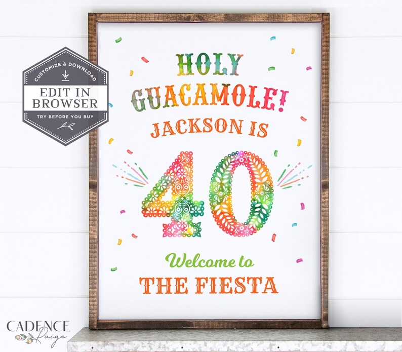 May include: A colorful printable sign with the text "Holy Guacamole! Jackson is 40. Welcome to the Fiesta". The number 40 is decorated with a colorful floral pattern.