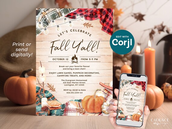 Fall Y'all Party Invitation, Fall Invitation, Fall Neighborhood Party, Community Party, Fall Picnic Invite, Bonfire Party, DIY Printable, MX