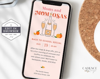 Mimosas de regreso a clases, Día de la Madre, Celebración de regreso a clases para mamás, Reunión de mamás, Invitación móvil, Mamás y mimosas, Amigas mamás, A21