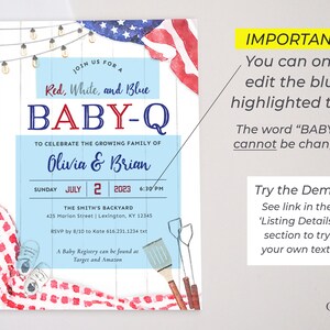 4th of July Baby Shower Invitation, Patriotic Baby Shower Invitation, Red White and Due Baby Shower, American, BabyQ Shower, Printable DIY image 5