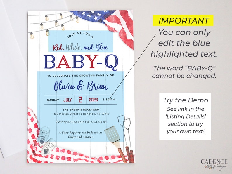 4th of July Baby Shower Invitation, Patriotic Baby Shower Invitation, Red White and Due Baby Shower, American, BabyQ Shower, Printable DIY image 5