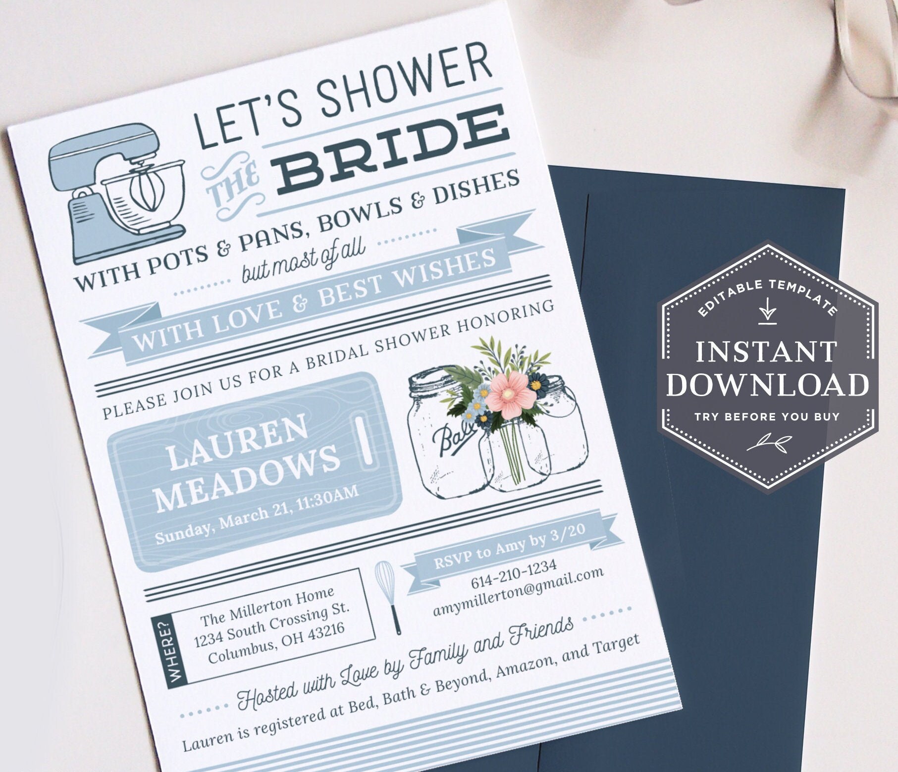 Dusty Blue Bridal Shower Blue Bridal Shower Invite Kitchen Etsy