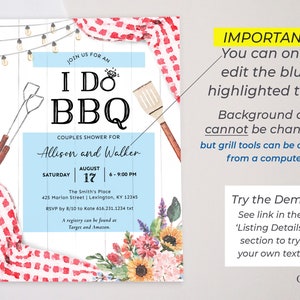 May include: A couples shower invitation with the text "I Do BBQ" in a playful font. The invitation features a light blue background, floral accents, and grill tools. Details include the names Allison and Walker, date, time, and location.