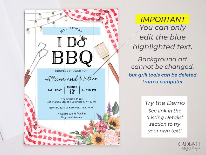 May include: A couples shower invitation with the text "I Do BBQ" in a playful font. The invitation features a light blue background, floral accents, and grill tools. Details include the names Allison and Walker, date, time, and location.
