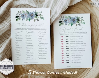 Dusty Blue Bridal Shower Games, Editable Bridal Shower Game Cards, Printable Bridal Shower Games, Light Blue Flowers, Printable, Corjl, B6