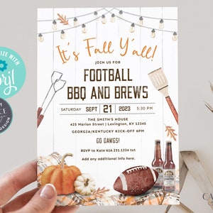 May include: Fall themed invitation with a white woodgrain background. The invitation reads "It's Fall Y'all!" with a football, BBQ grill, and beer bottles. The text also includes "Football BBQ and Brews" and "Saturday Sept 21, 2023 5:30 PM".