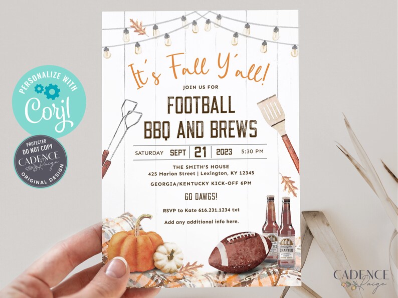 May include: Fall themed invitation with a white woodgrain background. The invitation reads "It's Fall Y'all!" with a football, BBQ grill, and beer bottles. The text also includes "Football BBQ and Brews" and "Saturday Sept 21, 2023 5:30 PM".