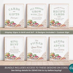 May include: Six framed signs with text for a wedding or bridal shower. The signs have a watercolor design of flowers, berries, and bread. The text includes "Cards and Gifts", "All Things Grow With Love", and "Recipe Cards".