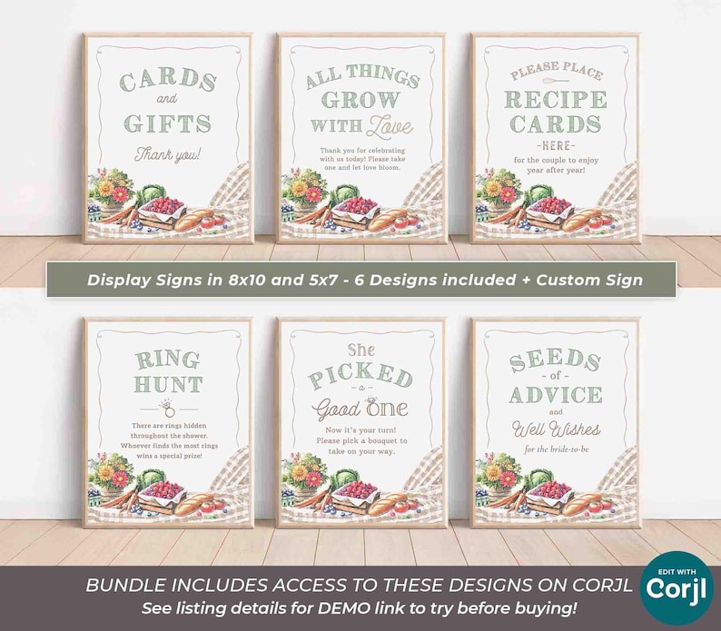 May include: Six framed signs with text for a wedding or bridal shower. The signs have a watercolor design of flowers, berries, and bread. The text includes "Cards and Gifts", "All Things Grow With Love", and "Recipe Cards".