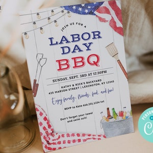 May include: A watercolour-style invitation for a Labour Day BBQ. The invitation features a red, white and blue American flag, a wooden fence, string lights, and a cooler with drinks. The text on the invitation reads "Join us for a Labour Day BBQ", "Sunday, Sept. 3rd at 12:30pm", "Kathy & Rick's Backyard", "425 Marion Street | Lexington, KY 12345", "Enjoy family, friends, food, and fun!" and "RSVP to Kate 616.231.1234 txt".