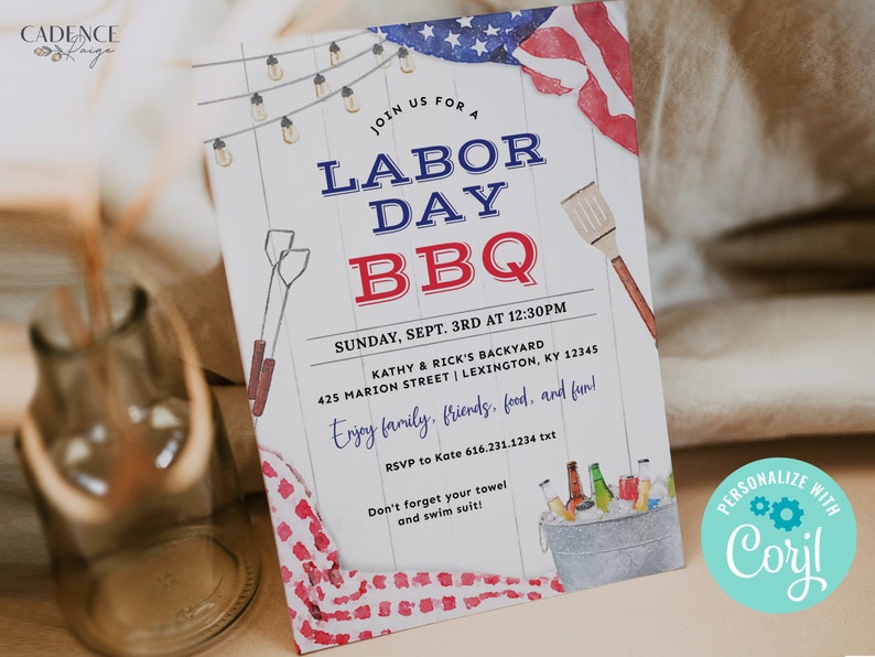 May include: A watercolour-style invitation for a Labour Day BBQ. The invitation features a red, white and blue American flag, a wooden fence, string lights, and a cooler with drinks. The text on the invitation reads "Join us for a Labour Day BBQ", "Sunday, Sept. 3rd at 12:30pm", "Kathy & Rick's Backyard", "425 Marion Street | Lexington, KY 12345", "Enjoy family, friends, food, and fun!" and "RSVP to Kate 616.231.1234 txt".
