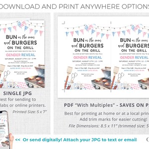 K&ouml;nnte beinhalten: Eine druckbare Einladung zur Geschlechterenth&uuml;llung mit einer Aquarell-Illustration eines Grills, Br&ouml;tchen und Burgern. Der Text lautet "Bun in the oven and burgers on the grill. Allison & Matthew invite you to a gender reveal. Saturday, August 17th 1-3 pm".