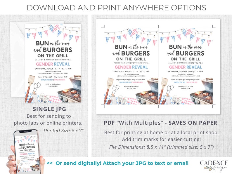 K&ouml;nnte beinhalten: Eine druckbare Einladung zur Geschlechterenth&uuml;llung mit einer Aquarell-Illustration eines Grills, Br&ouml;tchen und Burgern. Der Text lautet "Bun in the oven and burgers on the grill. Allison & Matthew invite you to a gender reveal. Saturday, August 17th 1-3 pm".