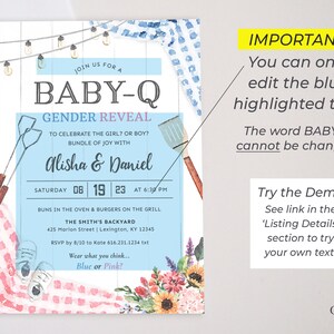 Gender Reveal BBQ Invitation, Baby-Q Gender Reveal Invitation, Fun Gender Reveal Invite, Blue or Pink, boy or girl, BabyQ Printable DIY BQGR image 5