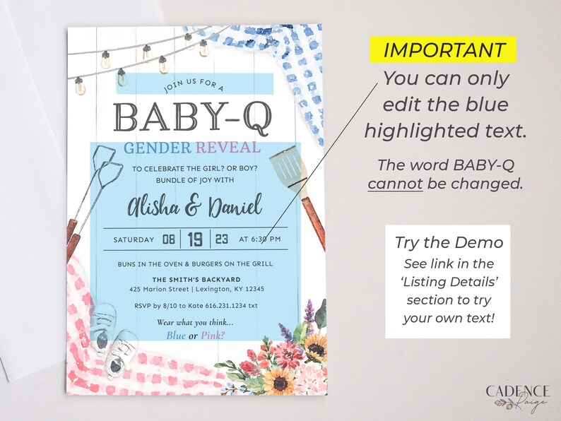 Gender Reveal BBQ Invitation, Baby-Q Gender Reveal Invitation, Fun Gender Reveal Invite, Blue or Pink, boy or girl, BabyQ Printable DIY BQGR image 5