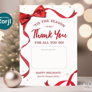 These printable Christmas Gift Cards holders feature the words Tis The Season To Say Thank You with a festive red ribbon border. Add gift cards and give to teachers, postman, employees, staff, volunteers - anyone you want to wish happy holidays!