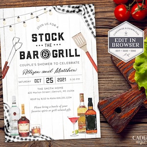 Lager die Bar und Grill Paare Dusche Einladung, Bar & Grill Paare Duschen Einladung, BBQ Paare Duschen einladen, Printable, Corjl, Q2