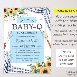 K&ouml;nnte beinhalten: Eine blaue und wei&szlig;e Babyparty-Einladung mit Sonnenblumen und Grillwerkzeugen. Die Einladung lautet "Baby-Q" zur Feier von Maddie und Dustin. Das Datum ist Samstag, der 12. August 2023 um 18:30 Uhr. Der Ort ist The Smith's Backyard, 425 Marion Street, Lexington, KY 12345. RSVP bis zum 8/10 an Kate 616.231.1234 txt. Eine Geschenkregistry finden Sie bei Target, Amazon und Buy Buy Baby.