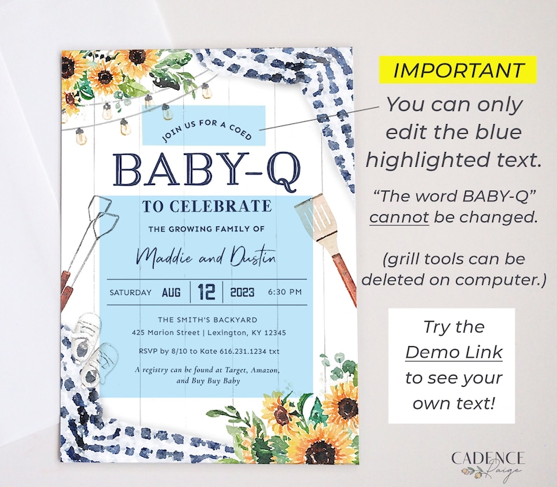 K&ouml;nnte beinhalten: Eine blaue und wei&szlig;e Babyparty-Einladung mit Sonnenblumen und Grillwerkzeugen. Die Einladung lautet "Baby-Q" zur Feier von Maddie und Dustin. Das Datum ist Samstag, der 12. August 2023 um 18:30 Uhr. Der Ort ist The Smith's Backyard, 425 Marion Street, Lexington, KY 12345. RSVP bis zum 8/10 an Kate 616.231.1234 txt. Eine Geschenkregistry finden Sie bei Target, Amazon und Buy Buy Baby.