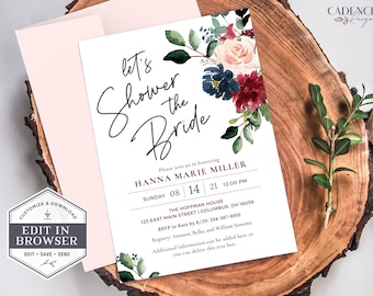 Blush and Burgundy Bridal Shower Invitation, Burgundy and Navy Bridal Shower Invite, Blush Bridal Shower Invitation, Printable, Corjl, A6