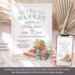 Celebrate the bride with a farmers market bridal shower letting everyone know She's Off the Market! The designs in this bundle feature watercolor illustrations of market items like fresh cut flowers, ripe vegetables, mixed berries, and neutral colored gingham; setting the stage for a charming celebration. This set includes the invitation, table signs for advice, favors, food, etc., recipe cards, fruit and veggie garland decor, cupcake toppers, stickers, favor tags, thank yous, and welcome signs.