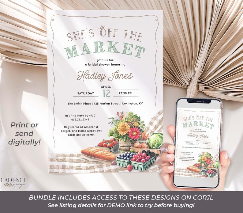 Celebrate the bride with a farmers market bridal shower letting everyone know She's Off the Market! The designs in this bundle feature watercolor illustrations of market items like fresh cut flowers, ripe vegetables, mixed berries, and neutral colored gingham; setting the stage for a charming celebration. This set includes the invitation, table signs for advice, favors, food, etc., recipe cards, fruit and veggie garland decor, cupcake toppers, stickers, favor tags, thank yous, and welcome signs.