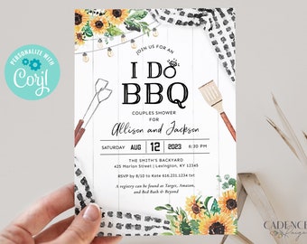 May include: A white and black checkered pattern with a watercolor sunflower design. The text reads "I Do BBQ Couples Shower for Allison and Jackson Saturday Aug 12 2023 6:30 PM The Smith's Backyard 425 Marion Street | Lexington, KY 12345 RSVP by 8/10 to Kate 616.231.1234 txt A registry can be found at Target, Amazon, and Bed Bath & Beyond"