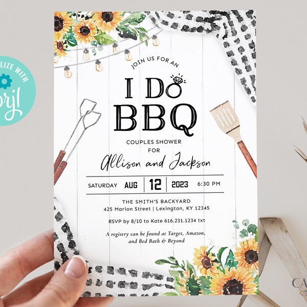 Black and White I Do BBQ Invitation, I Do BBQ rehearsal dinner invitation, Coed Wedding Shower Invite, with Sunflowers, Printable, BQBS