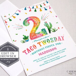 Convite de aniversário de dois anos para tacos, convite de 2º aniversário, terça-feira de tacos, dois anos para tacos, DOIS, 2º aniversário, convite faça você mesmo, para impressão, Corjl, A24 imagem 9