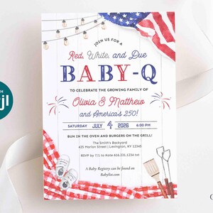 May include: A patriotic baby shower invitation with the text "Red, White, and Due BABY-Q" in red and blue. The design includes an American flag, fireworks, and baby shoes on a red and white checkered picnic blanket. The invitation is for Olivia & Matthew.