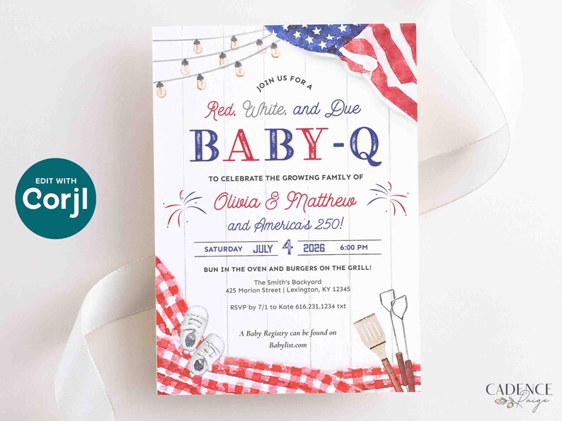 May include: A patriotic baby shower invitation with the text "Red, White, and Due BABY-Q" in red and blue. The design includes an American flag, fireworks, and baby shoes on a red and white checkered picnic blanket. The invitation is for Olivia & Matthew.