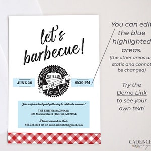 May include: A blue and white invitation with a red and white checked border. The invitation is for a barbecue party on 20 June at 6:30 PM. The text on the invitation says "let's barbecue!" and includes the address "THE SMITH'S BACKYARD 425 Marion Street | Detroit, MI 21354".