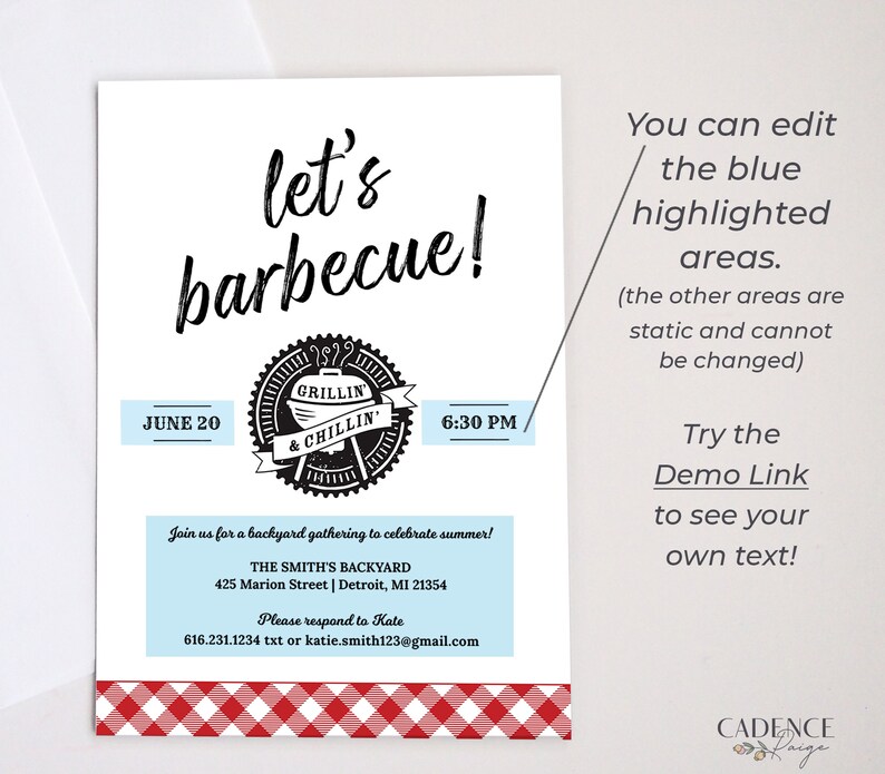 May include: A blue and white invitation with a red and white checked border. The invitation is for a barbecue party on 20 June at 6:30 PM. The text on the invitation says "let's barbecue!" and includes the address "THE SMITH'S BACKYARD 425 Marion Street | Detroit, MI 21354".