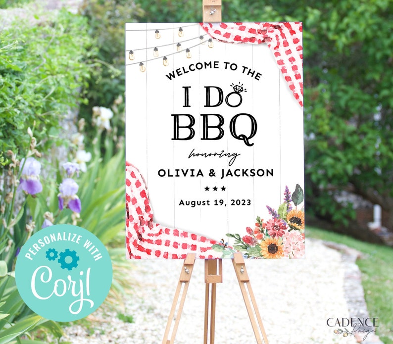 Impress your guests with this I Do BBQ welcome sign that honors the happy couple as guests enter the party! This editable welcome sign features watercolor illustrations of red gingham and fresh cut flowers, setting the stage for a classic BBQ!