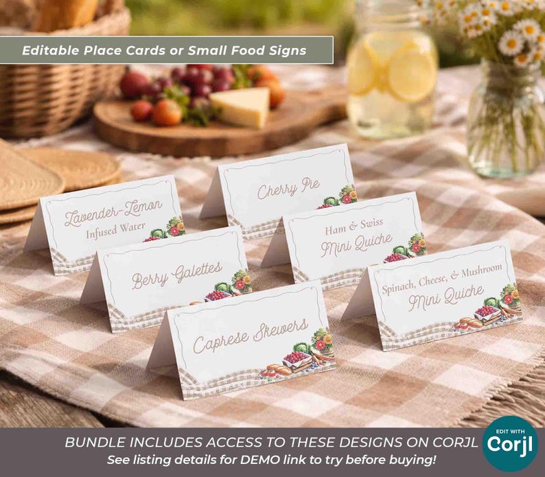 May include: White place cards with food names like "Berry Galettes" and "Spinach, Cheese, & Mushroom Mini Quiche" are arranged on a checkered tablecloth. The cards have decorative borders and illustrations of food. Text at the top reads "Editable Place Cards or Small Food Signs."