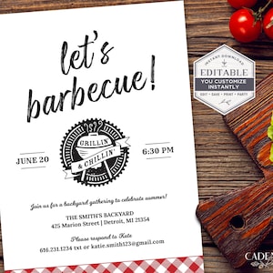 May include: Editable barbecue party invitation featuring a black and white illustration of a grill with the text "Grillin' & Chillin'". The invitation includes the date 20th June, time 6:30 PM, and the text "Let's barbecue!" in a large, bold font.