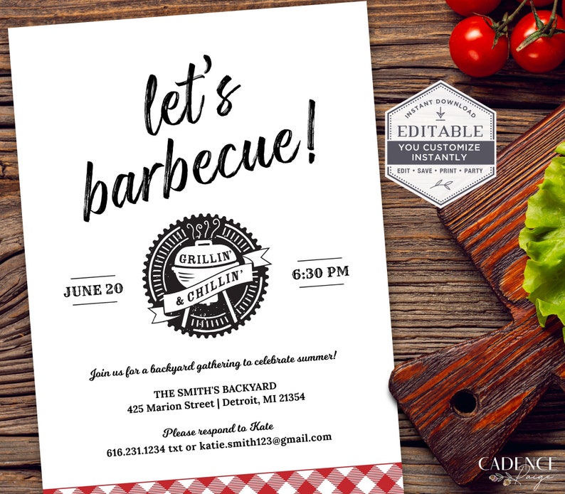 May include: Editable barbecue party invitation featuring a black and white illustration of a grill with the text "Grillin' & Chillin'". The invitation includes the date 20th June, time 6:30 PM, and the text "Let's barbecue!" in a large, bold font.