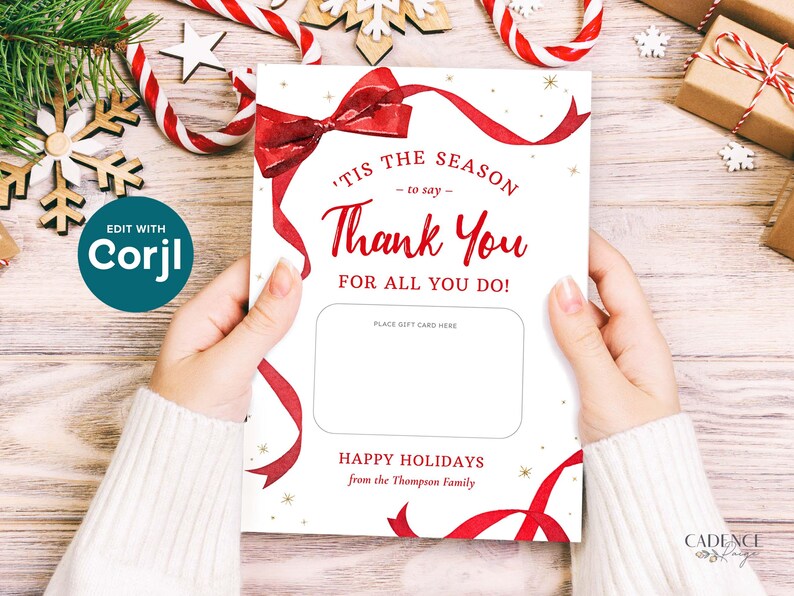 These printable Christmas Gift Cards holders feature the words Tis The Season To Say Thank You with a festive red ribbon border. Add gift cards and give to teachers, postman, employees, staff, volunteers - anyone you want to wish happy holidays!