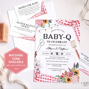 May include: A white and red checkered baby shower invitation with a floral design. The invitation reads "Join us for a coed Baby-Q to celebrate the growing family of Allison & Matthew" with the date and time of the event. The invitation also includes a diaper raffle ticket.