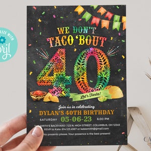 40th Birthday Party Invitation, 40th Birthday Invite for Him, Surprise 40th Birthday, We Don&#39;t Taco Bout 40, DIY, Printable, Corjl, A24