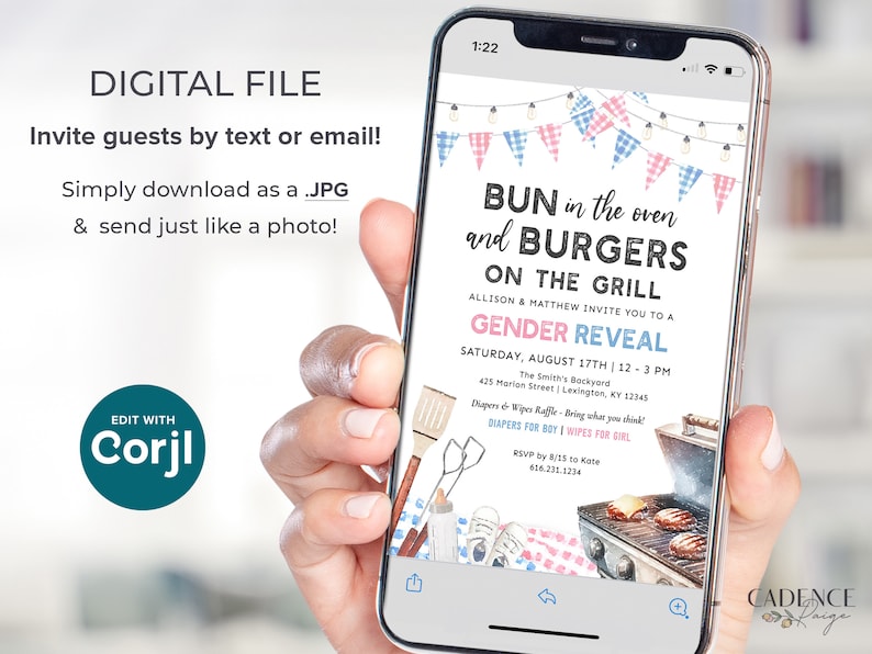 Gender Reveal Einladung zum Grillen Grillparty Grill-Picknick-Brötchen im Ofen Burger auf dem Grill Gender Reveal Invite Printable DIY, BQGR Bild 4