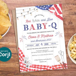 May include: An invitation for a Baby-Q, featuring red, white, and blue colors with an American flag design. The invitation includes text for the event details, such as the date, time, and location. The invitation is surrounded by bowls of chips and popcorn.