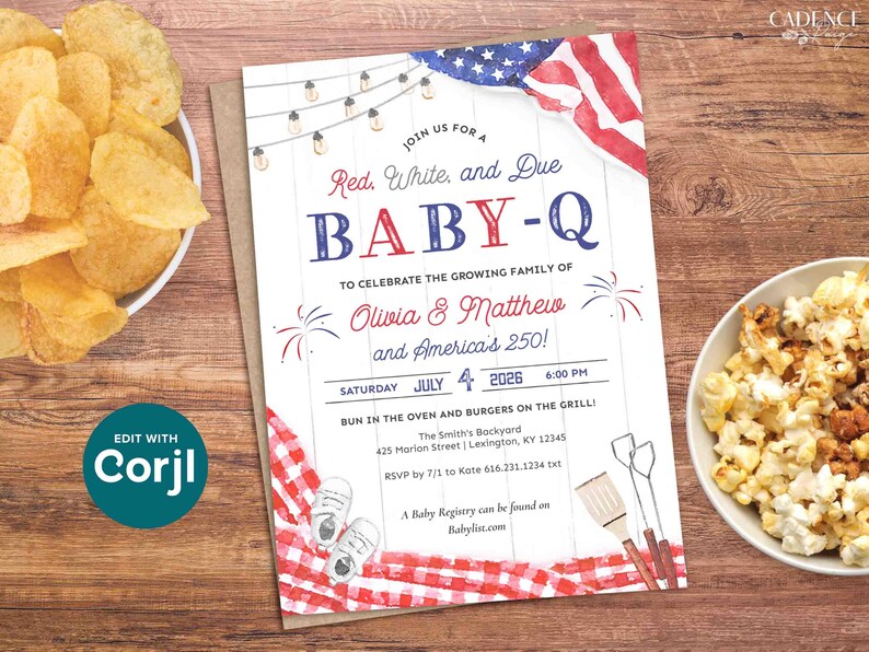 May include: An invitation for a Baby-Q, featuring red, white, and blue colors with an American flag design. The invitation includes text for the event details, such as the date, time, and location. The invitation is surrounded by bowls of chips and popcorn.