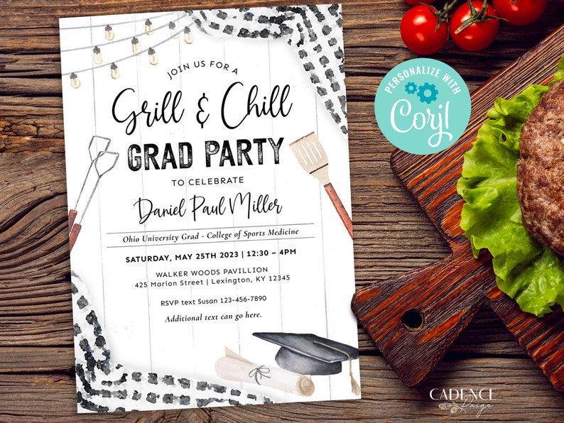 May include: A graduation party invitation with a watercolor illustration of a grill, spatula, and graduation cap. The invitation is for Daniel Paul Miller's graduation party, which will be held on May 25th, 2023, from 12:30 to 4 PM at the Walker Woods Pavilion in Lexington, Kentucky.