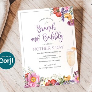 May include: A white invitation with floral illustrations and a glass of champagne. The invitation is for a Mother's Day brunch and bubbly celebration. The text reads "Please join us for Brunch and Bubbly - to celebrate - Mother's Day. Saturday, May 11th at 10:00 am. The Smith Residence, 123 West Walker St., Columbus, OH. RSVP by May 8th: 614.123.4567. Let's celebrate all the wonderful women in our lives!"