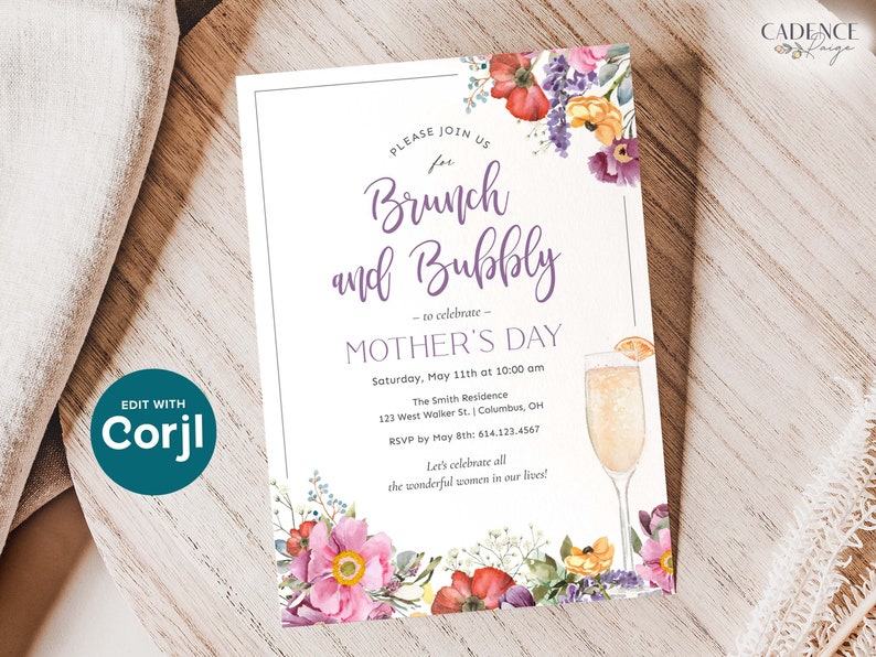 May include: A white invitation with floral illustrations and a glass of champagne. The invitation is for a Mother's Day brunch and bubbly celebration. The text reads "Please join us for Brunch and Bubbly - to celebrate - Mother's Day. Saturday, May 11th at 10:00 am. The Smith Residence, 123 West Walker St., Columbus, OH. RSVP by May 8th: 614.123.4567. Let's celebrate all the wonderful women in our lives!"