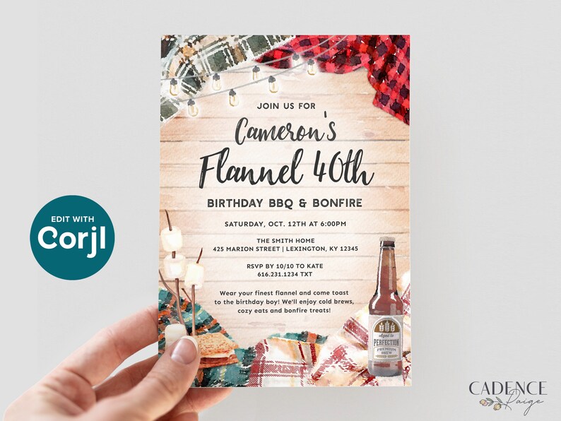 May include: A birthday party invitation with a rustic wood background and a plaid flannel design. The invitation says "Join us for Cameron's Flannel 40th Birthday BBQ & Bonfire".