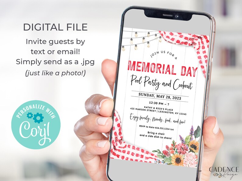 Digital Memorial Day Party Invitation, Memorial Day Picnic Invite, Summer Pool Party Invite, Memorial Day BBQ, Summer Kickoff, DIY Printable image 2